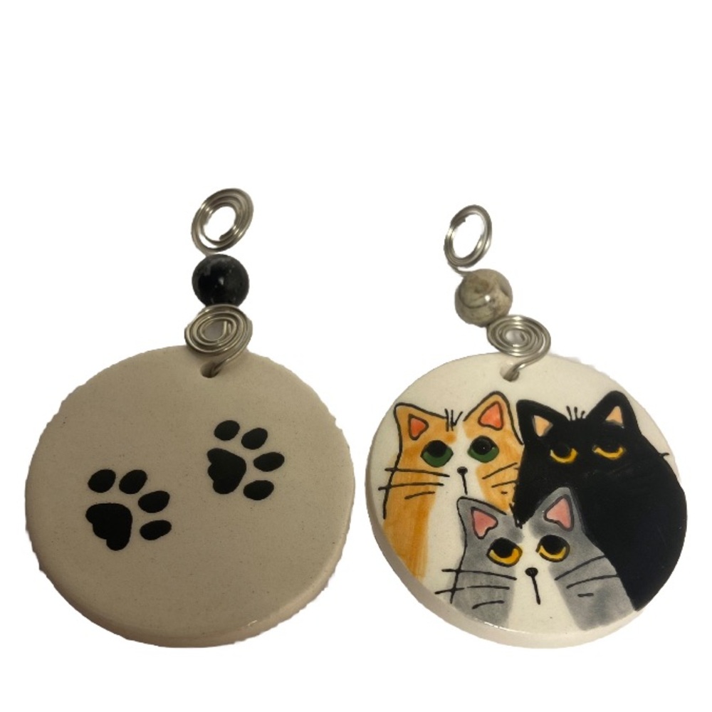 CAT CHARM LOT paw print  ceramic Pendant hand painted Persian Black Gray Orange